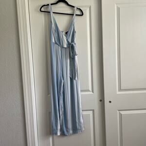 Lulu’s Sunny Shores Light Blue Striped Tie-Front Culotte Jumpsuit Size M